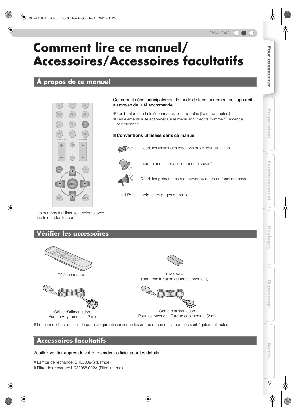 À propos de ce manuel, Vérifier les accessoires, Accessoires facultatifs | Comment lire ce manuel, Accessoires/accessoires facultatifs, Vérifier les accessoires accessoires facultatifs | JVC LCT2374-001A User Manual | Page 63 / 162