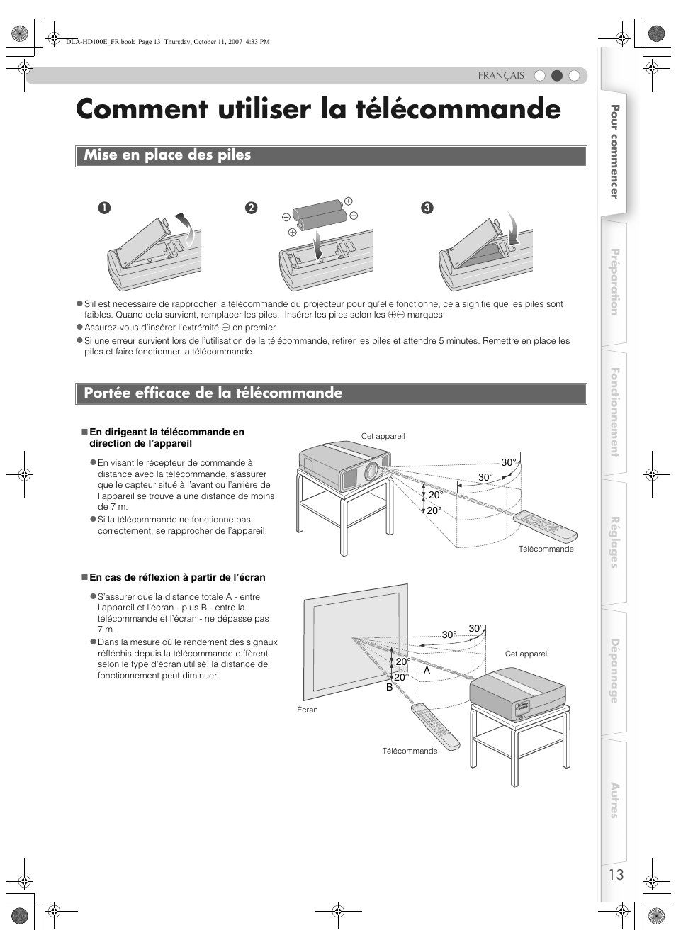 Comment utiliser la télécommande, Mise en place des piles, Portée efficace de la télécommande | JVC LCT2374-001A User Manual | Page 67 / 162