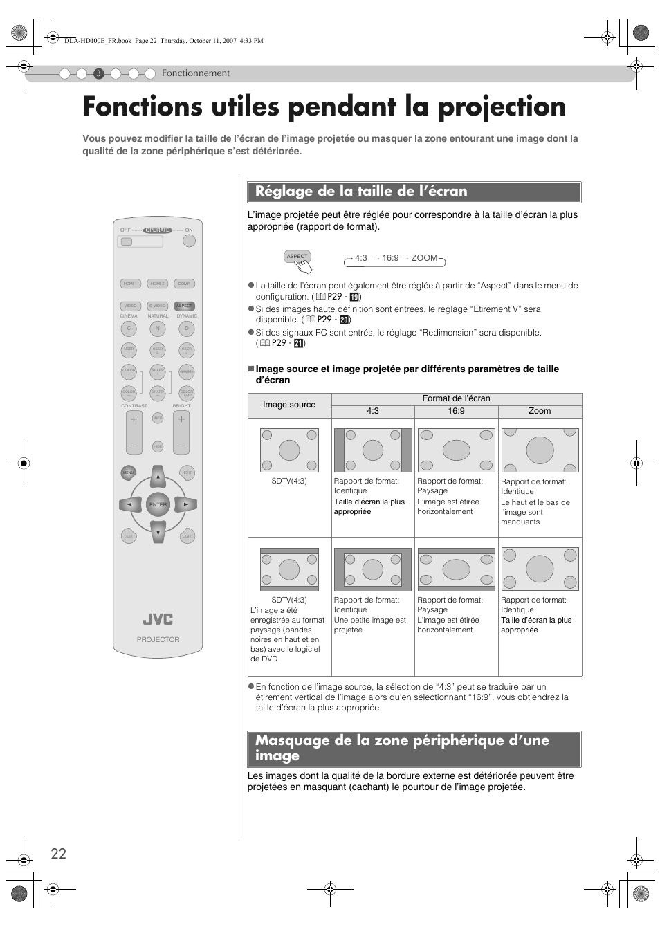 Fonctions utiles pendant la projection, Réglage de la taille de l’écran, Masquage de la zone périphérique d’une image | Fonctionnement | JVC LCT2374-001A User Manual | Page 76 / 162