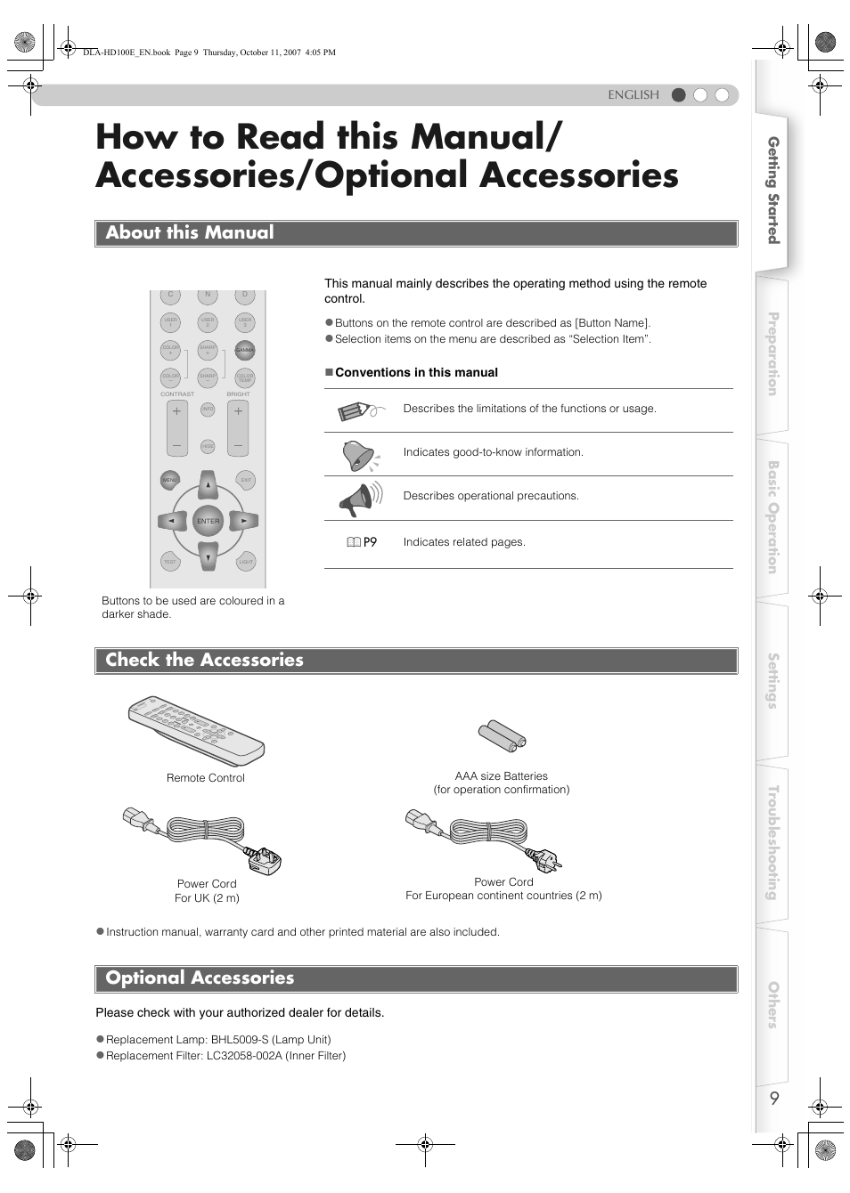 About this manual, Check the accessories, Optional accessories | How to read this manual, Accessories/optional accessories, Check the accessories optional accessories | JVC LCT2374-001A User Manual | Page 9 / 162