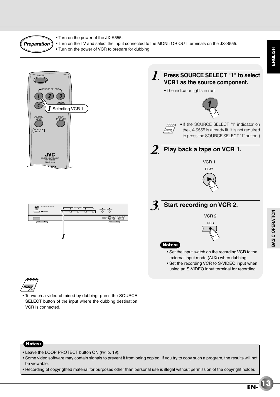 Play back a tape on vcr 1, Start recording on vcr 2 | JVC JX-B555 User Manual | Page 13 / 29