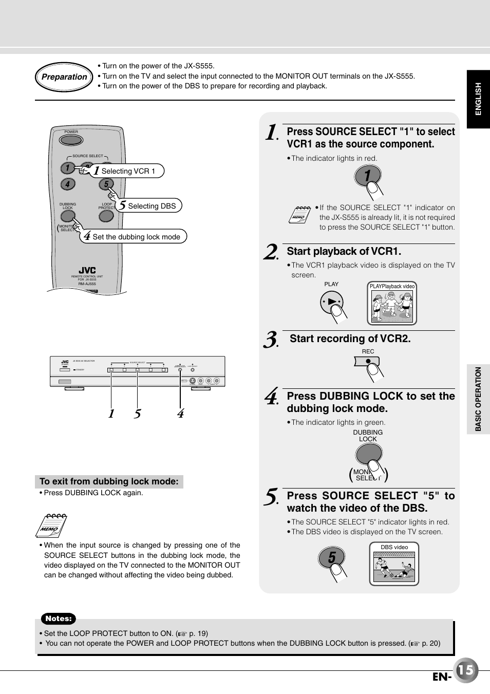 Start playback of vcr1, Start recording of vcr2, Press dubbing lock to set the dubbing lock mode | JVC JX-B555 User Manual | Page 15 / 29