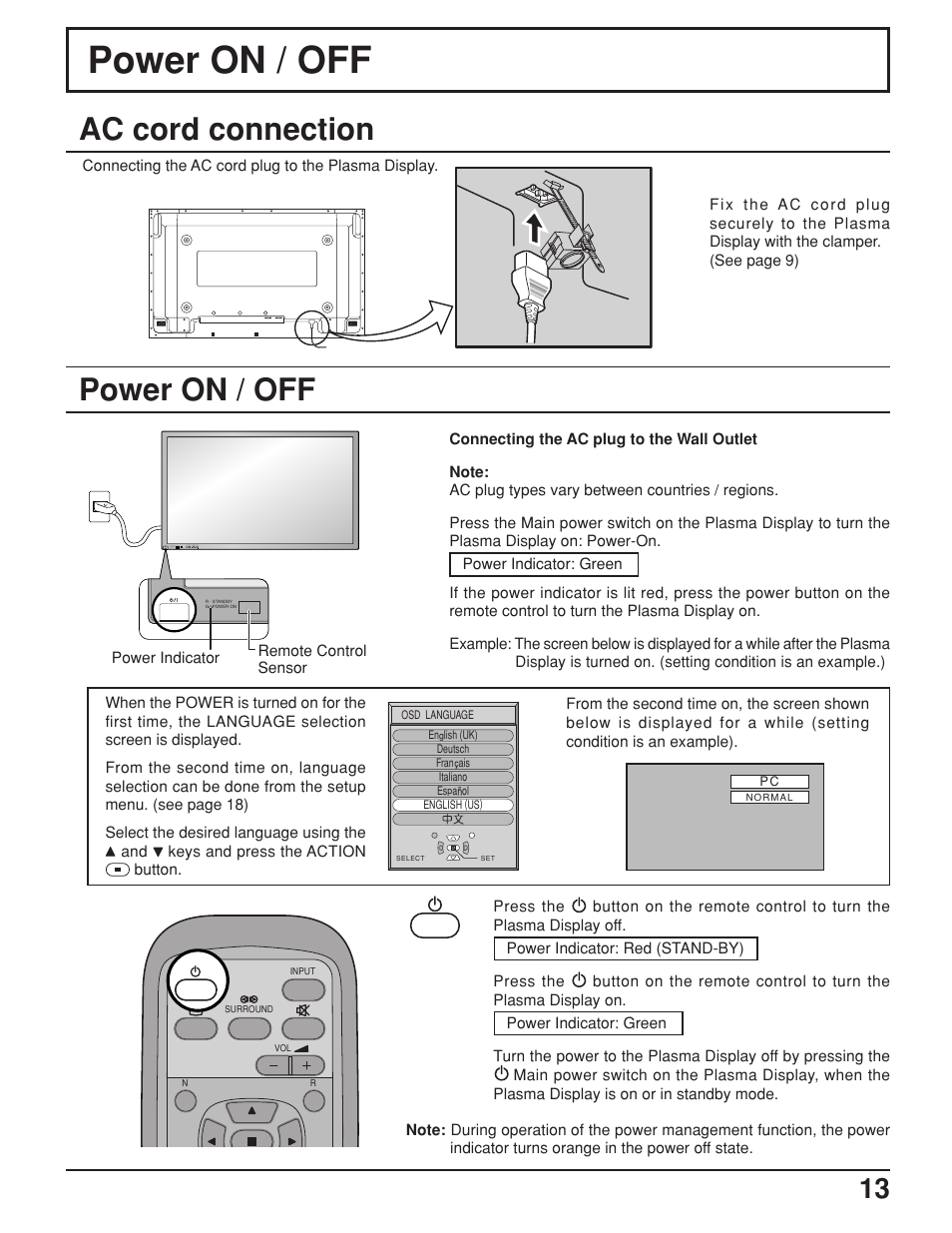 Power on / off, Ac cord connection | JVC GD-V422U User Manual | Page 13 / 76
