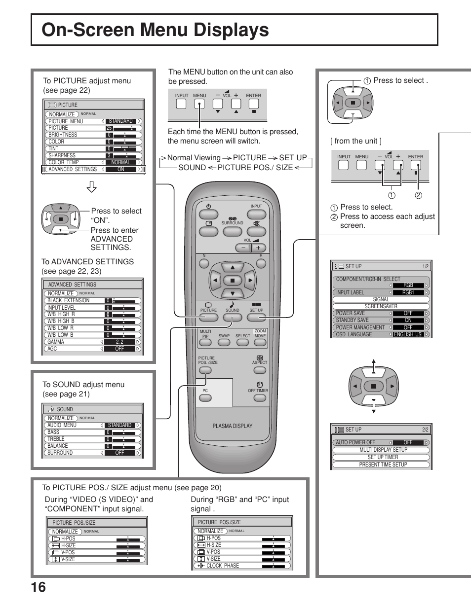 On-screen menu displays, Press to select | JVC GD-V422U User Manual | Page 16 / 76