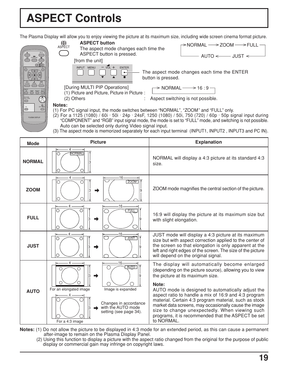 Aspect controls, Normal zoom full auto just | JVC GD-V422U User Manual | Page 19 / 76