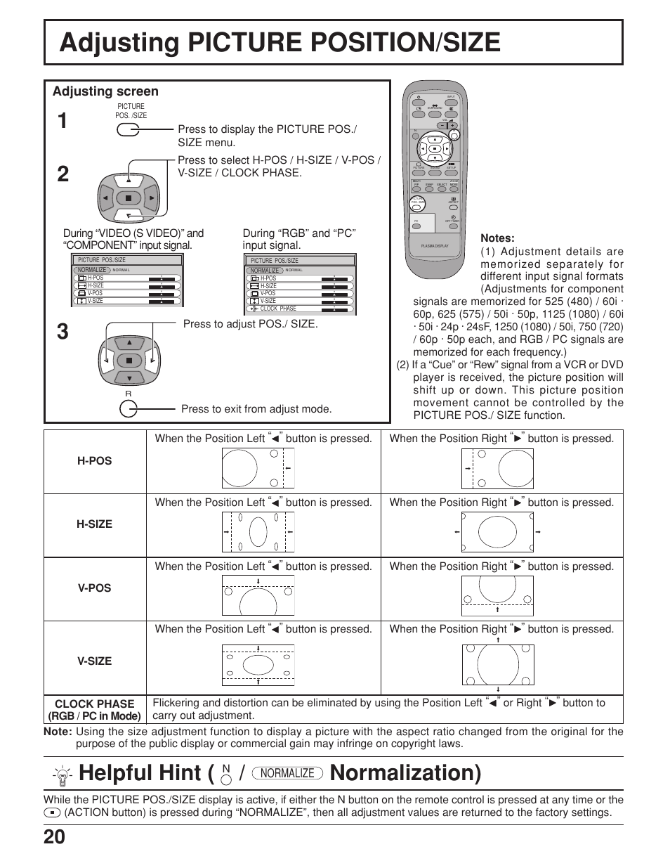 Adjusting picture position/size, Helpful hint, Normalization) | Adjusting screen, Normalize | JVC GD-V422U User Manual | Page 20 / 76