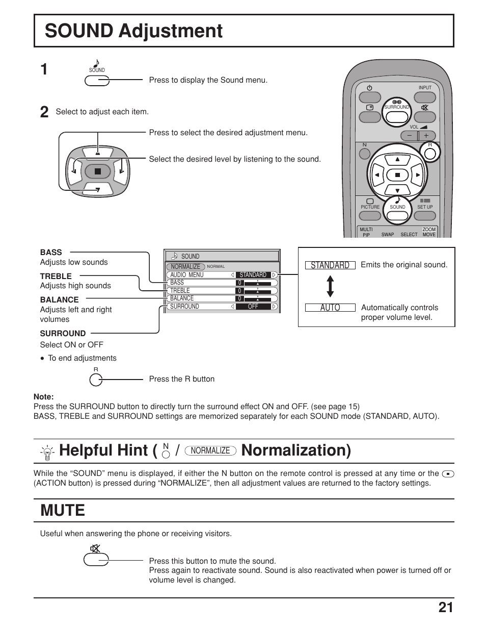 Sound adjustment, Mute, Helpful hint | Normalization) | JVC GD-V422U User Manual | Page 21 / 76