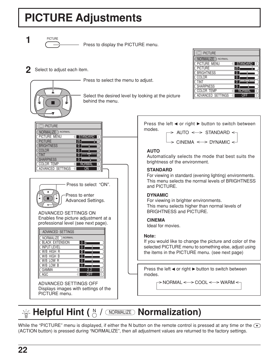 Picture adjustments, Helpful hint, Normalization) | JVC GD-V422U User Manual | Page 22 / 76