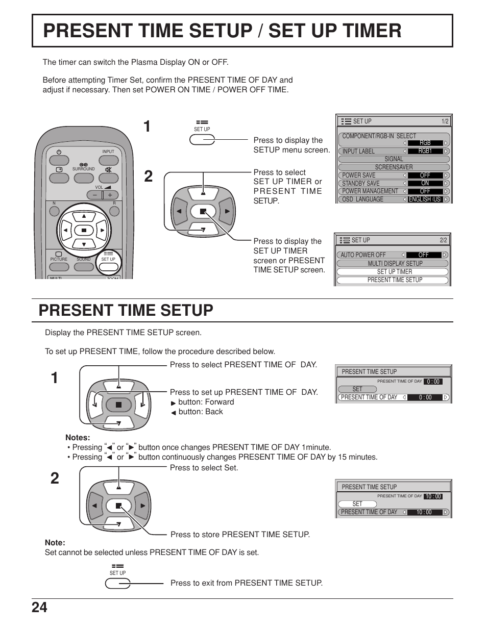 Present time setup / set up timer, Present time setup | JVC GD-V422U User Manual | Page 24 / 76