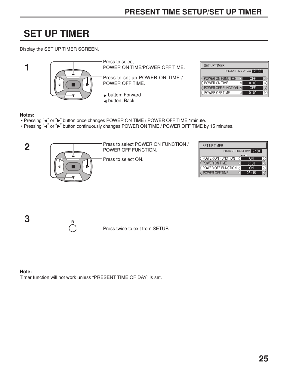 Set up timer, Present time setup/set up timer | JVC GD-V422U User Manual | Page 25 / 76