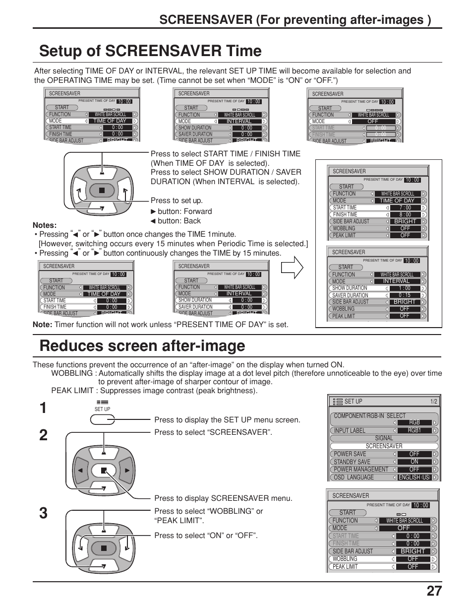Setup of screensaver time, Reduces screen after-image, Screensaver (for preventing after-images ) | JVC GD-V422U User Manual | Page 27 / 76