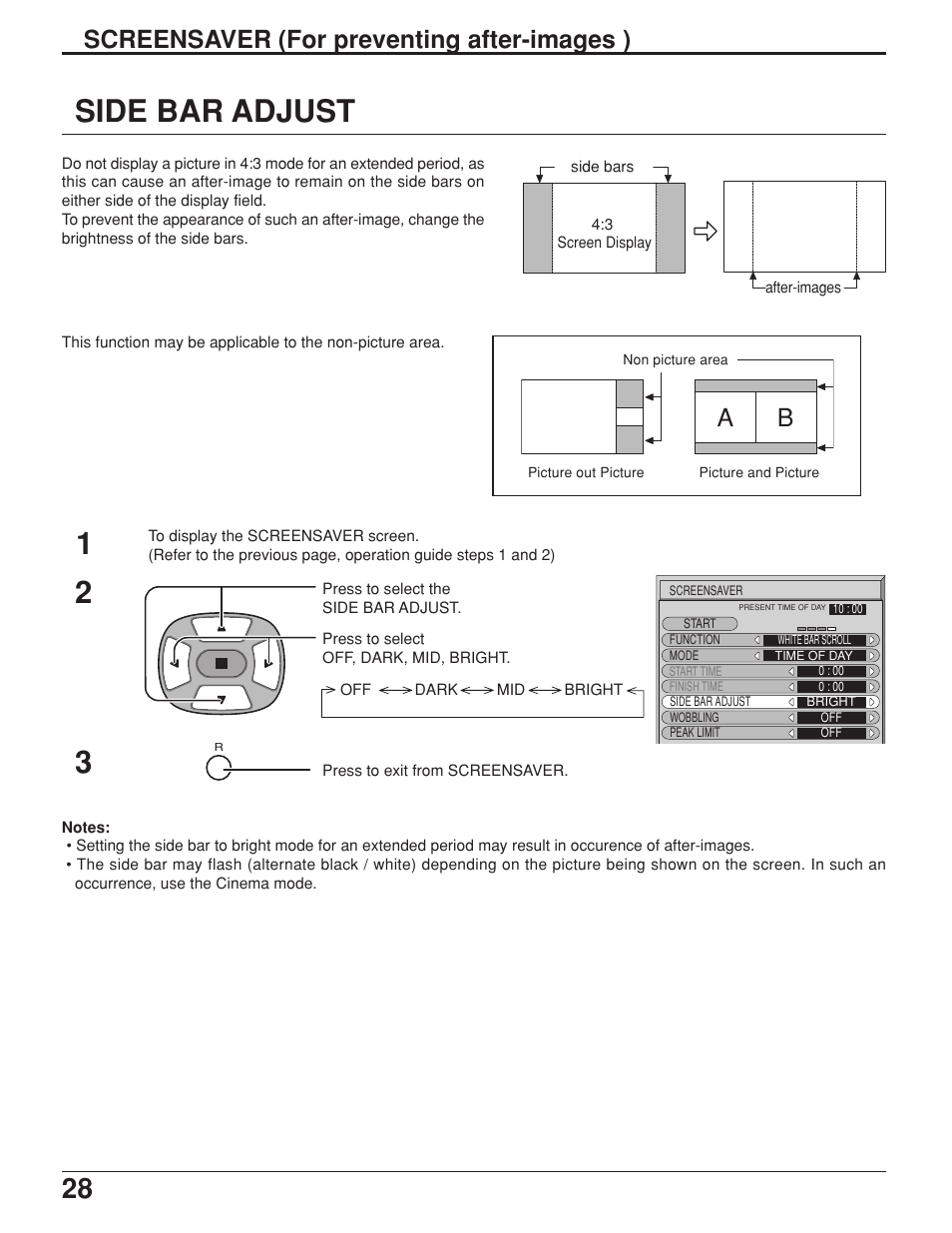 Side bar adjust 2, Ab screensaver (for preventing after-images ) | JVC GD-V422U User Manual | Page 28 / 76