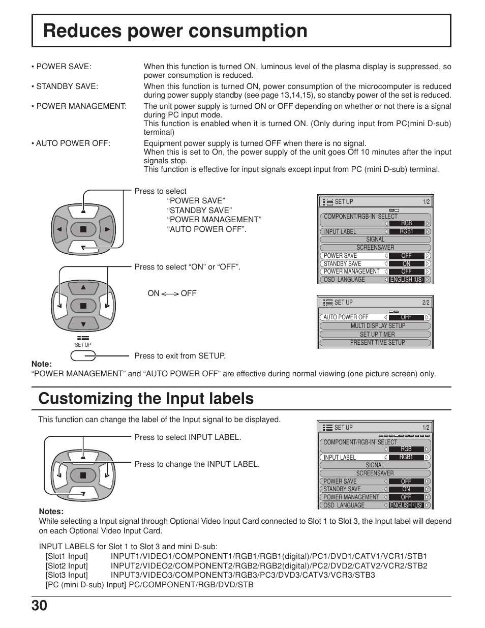 Reduces power consumption, Customizing the input labels | JVC GD-V422U User Manual | Page 30 / 76