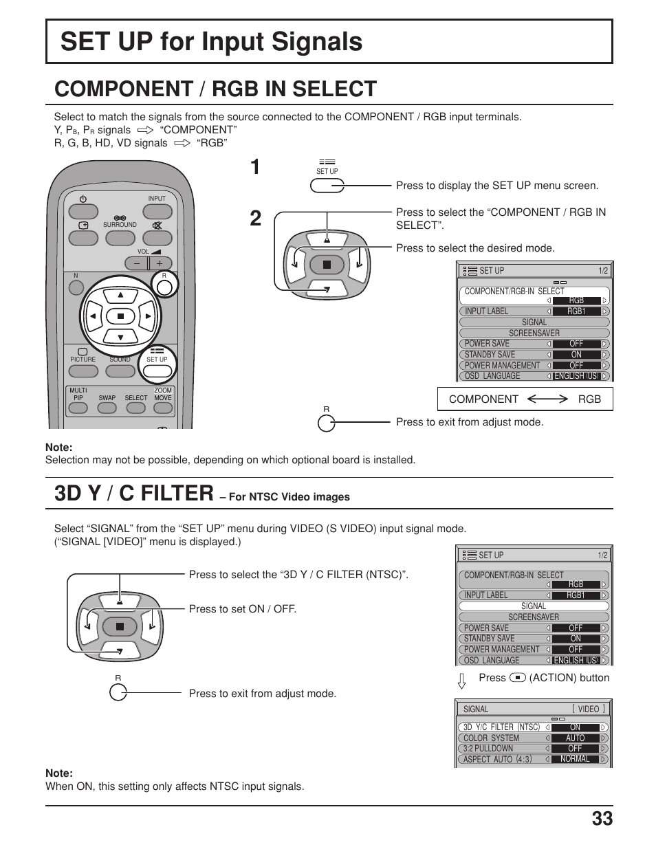 Set up for input signals, 3d y / c filter, Component / rgb in select | JVC GD-V422U User Manual | Page 33 / 76