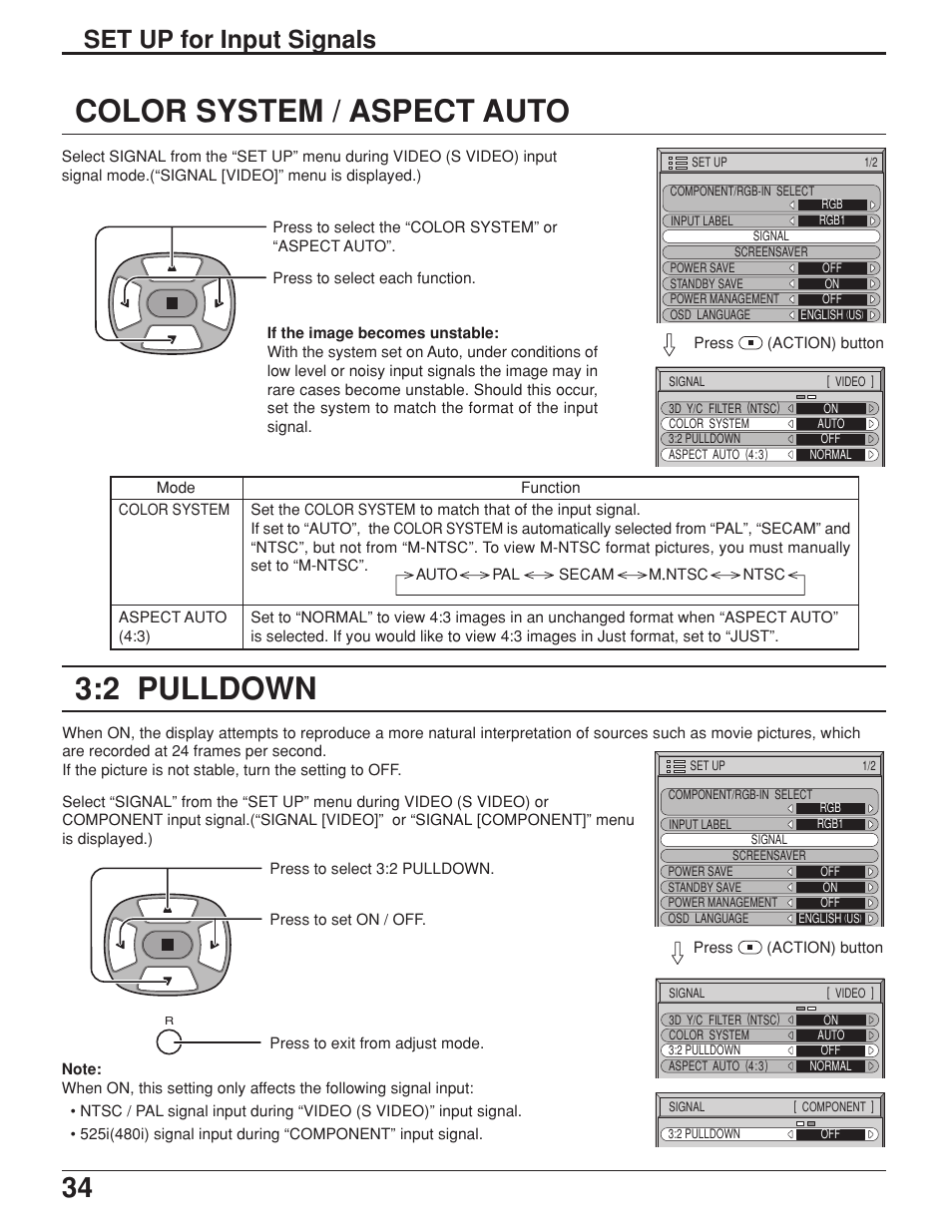 Color system / aspect auto, 2 pulldown, Set up for input signals | JVC GD-V422U User Manual | Page 34 / 76