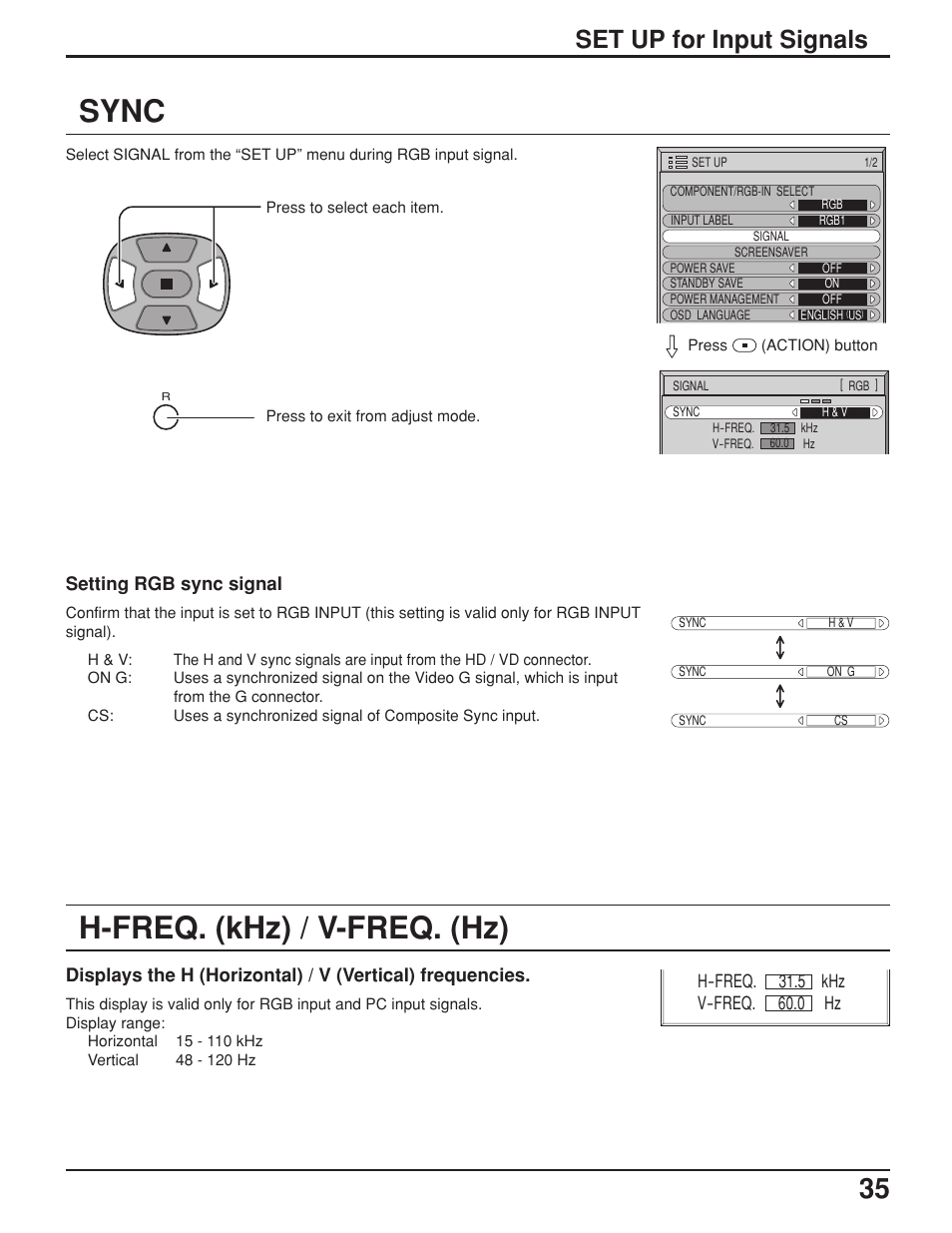 Sync, H-freq. (khz) / v-freq. (hz), Set up for input signals | JVC GD-V422U User Manual | Page 35 / 76