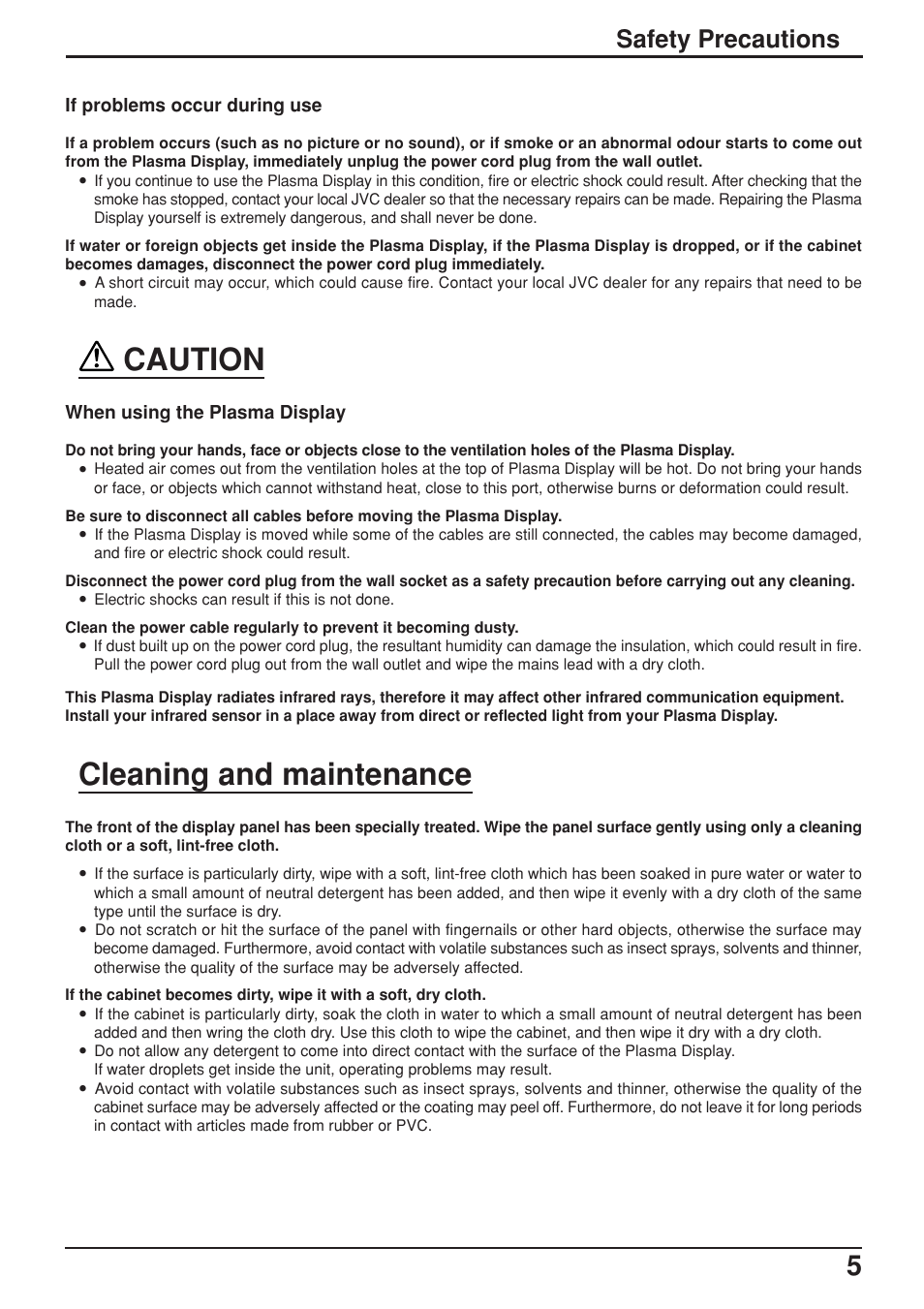 Caution, Cleaning and maintenance, Safety precautions | JVC GD-V422U User Manual | Page 45 / 76