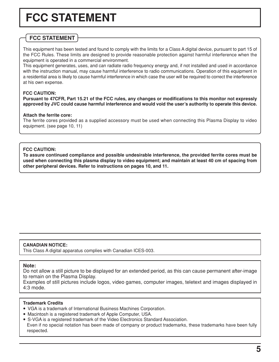 Fcc statement | JVC GD-V422U User Manual | Page 5 / 76