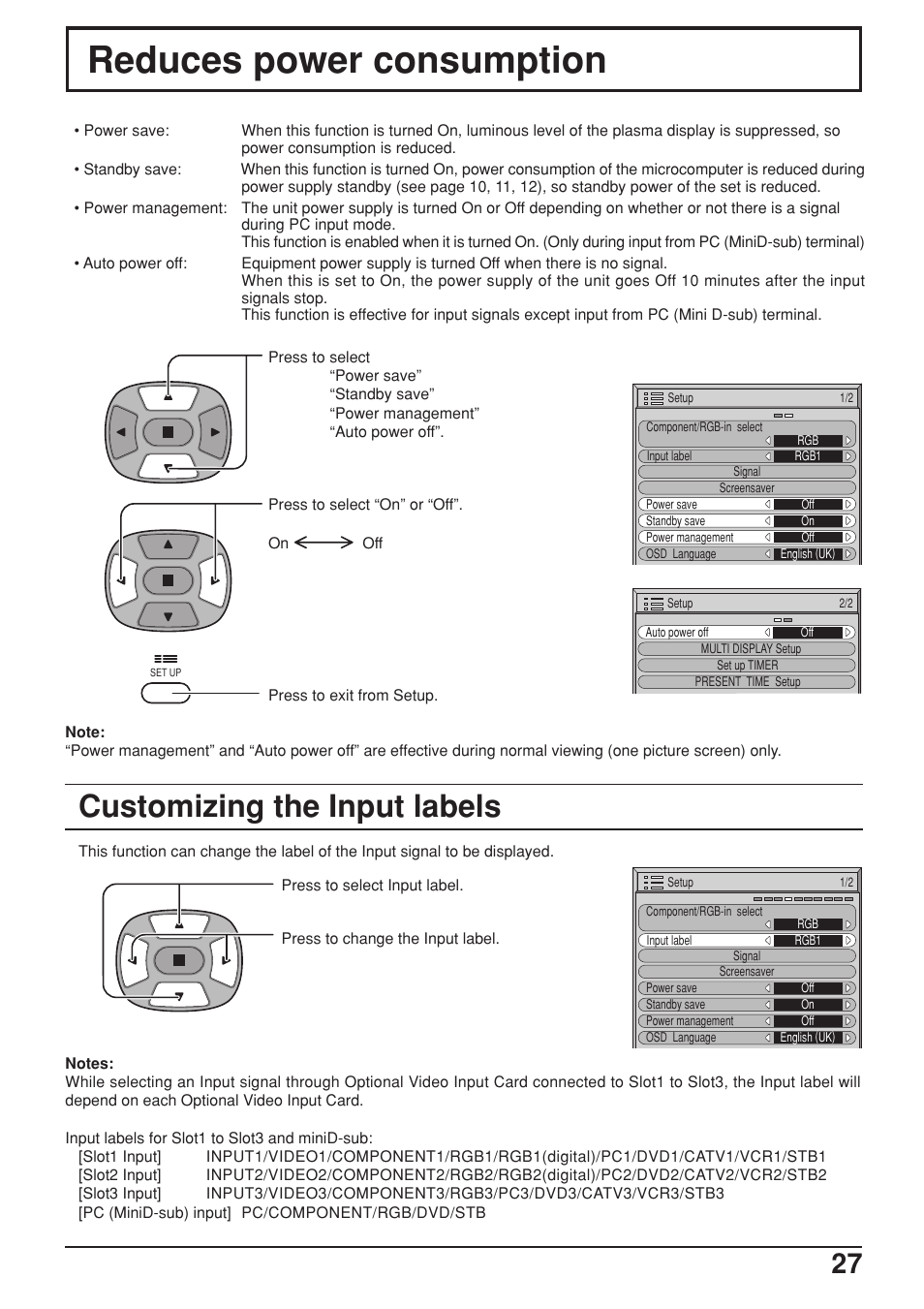 Reduces power consumption, Customizing the input labels | JVC GD-V422U User Manual | Page 67 / 76