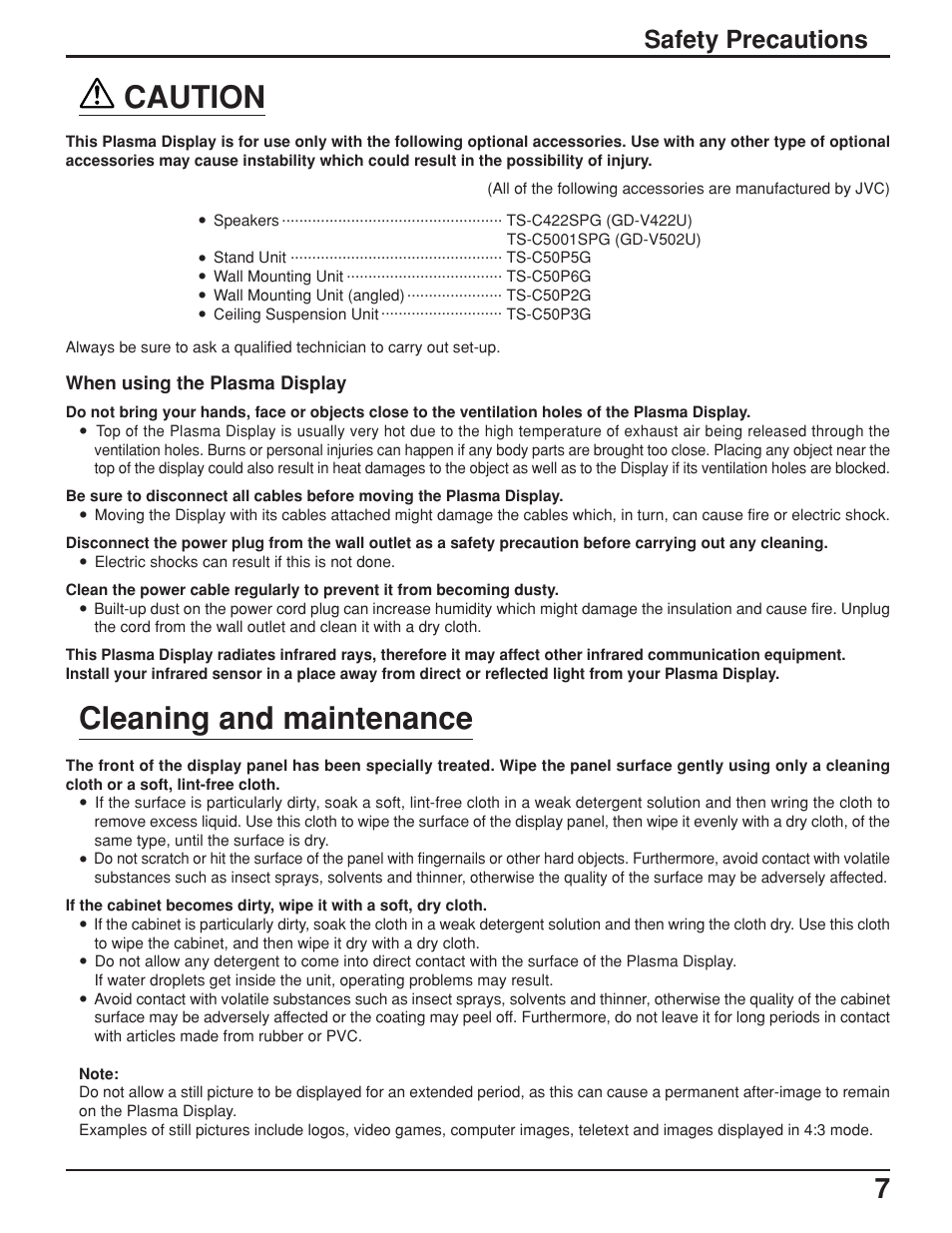 Caution, Cleaning and maintenance, Safety precautions | JVC GD-V422U User Manual | Page 7 / 76