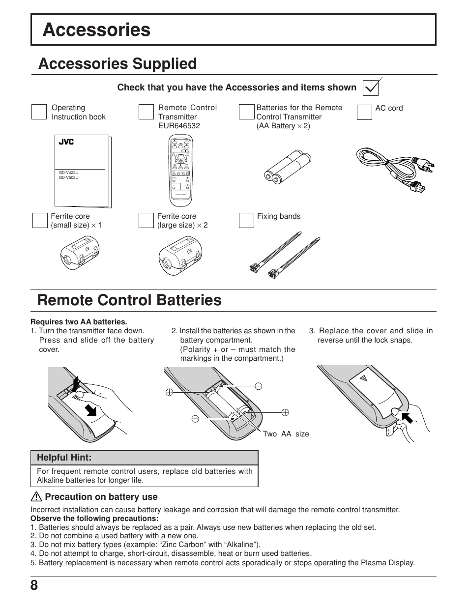 Accessories, Accessories supplied, Remote control batteries | Precaution on battery use, Helpful hint | JVC GD-V422U User Manual | Page 8 / 76