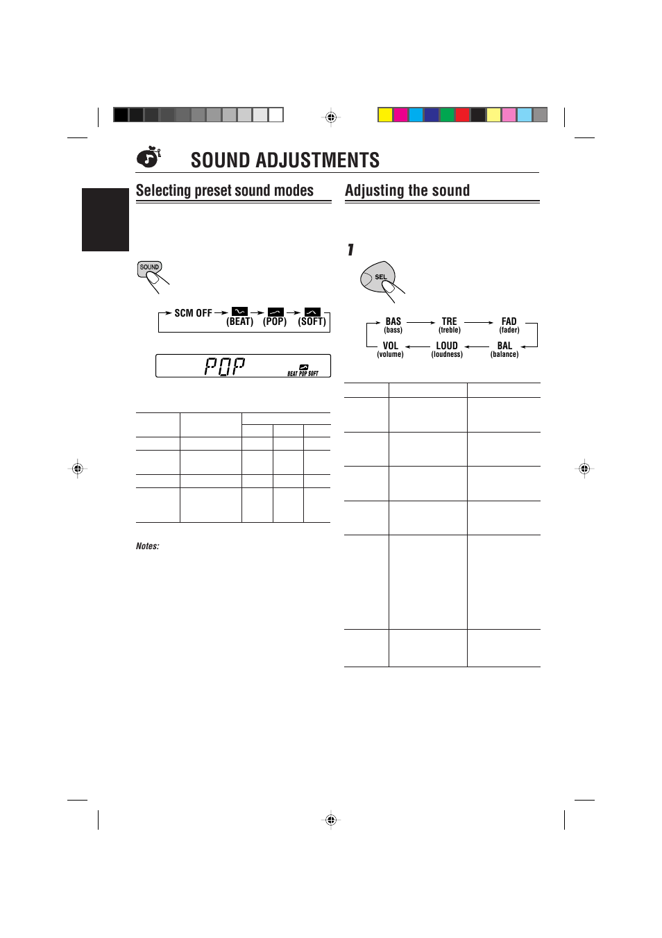 Sound adjustments, Selecting preset sound modes, Adjusting the sound | JVC KS-F363R User Manual | Page 16 / 28