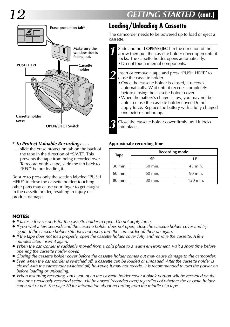 Getting started, Loading/unloading a cassette, Cont.) | JVC GR-DVL915 User Manual | Page 12 / 92