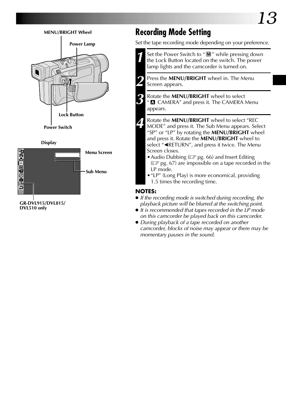 Recording mode setting | JVC GR-DVL915 User Manual | Page 13 / 92