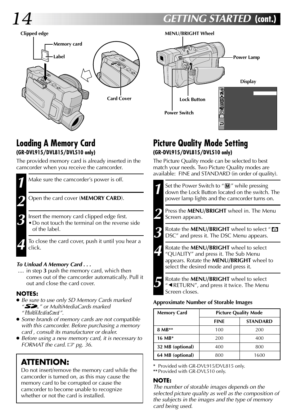 Getting started, Cont.) picture quality mode setting, Attention | JVC GR-DVL915 User Manual | Page 14 / 92