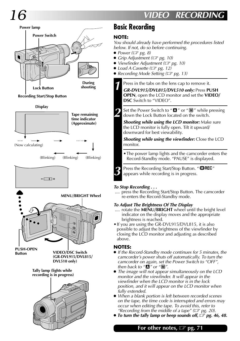 Video recording, Basic recording | JVC GR-DVL915 User Manual | Page 16 / 92