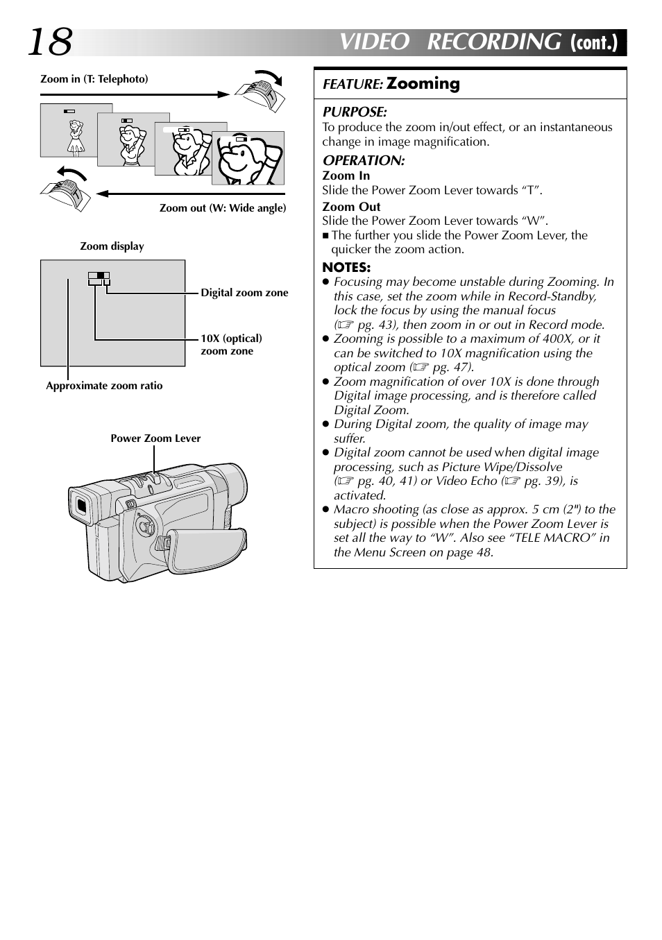 Video recording, Cont.), Zooming | JVC GR-DVL915 User Manual | Page 18 / 92