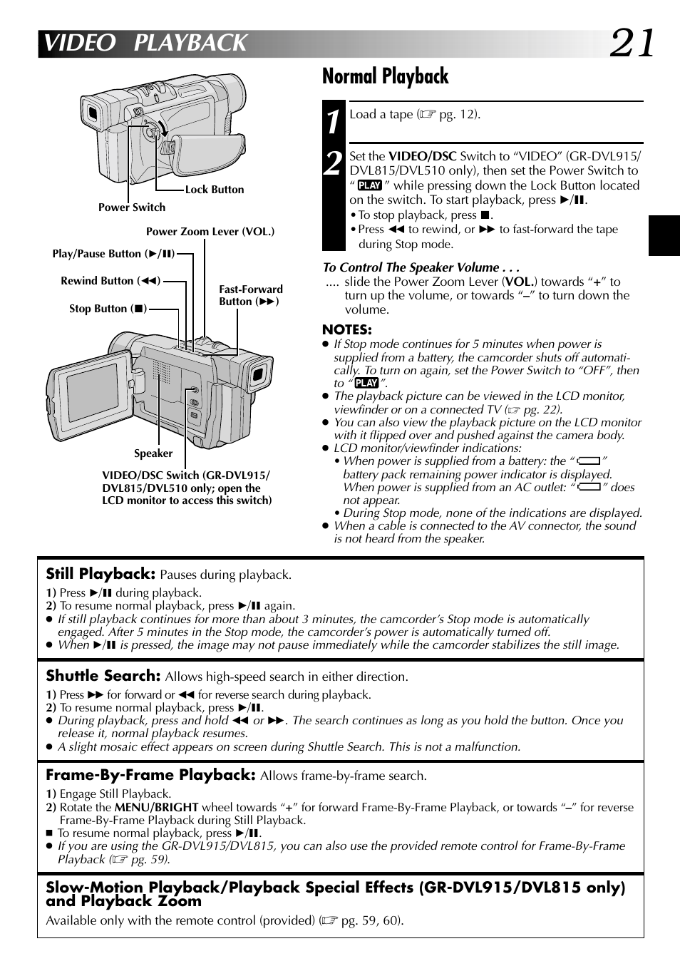 Video playback, Normal playback | JVC GR-DVL915 User Manual | Page 21 / 92