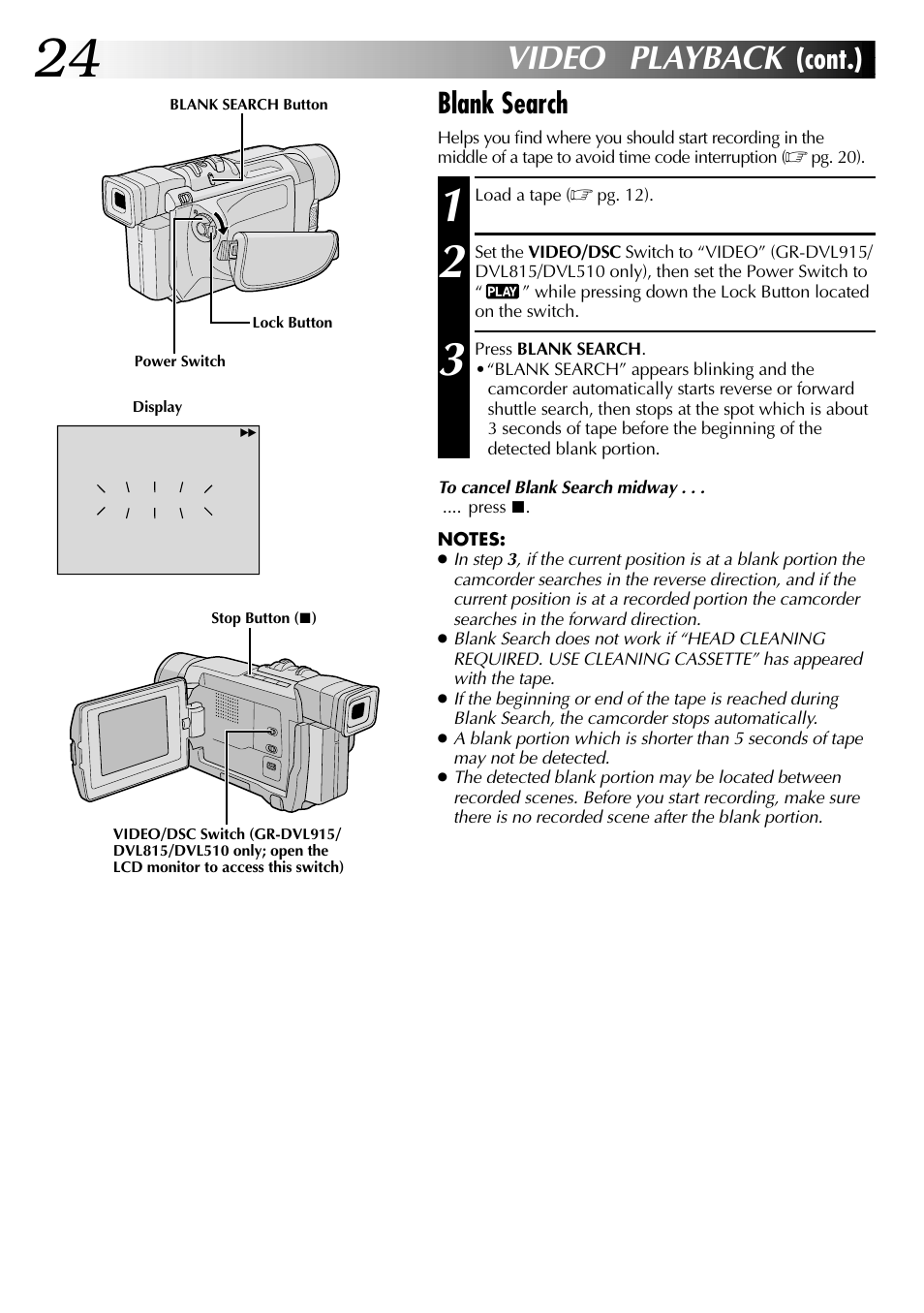 Video playback, Blank search, Cont.) | JVC GR-DVL915 User Manual | Page 24 / 92