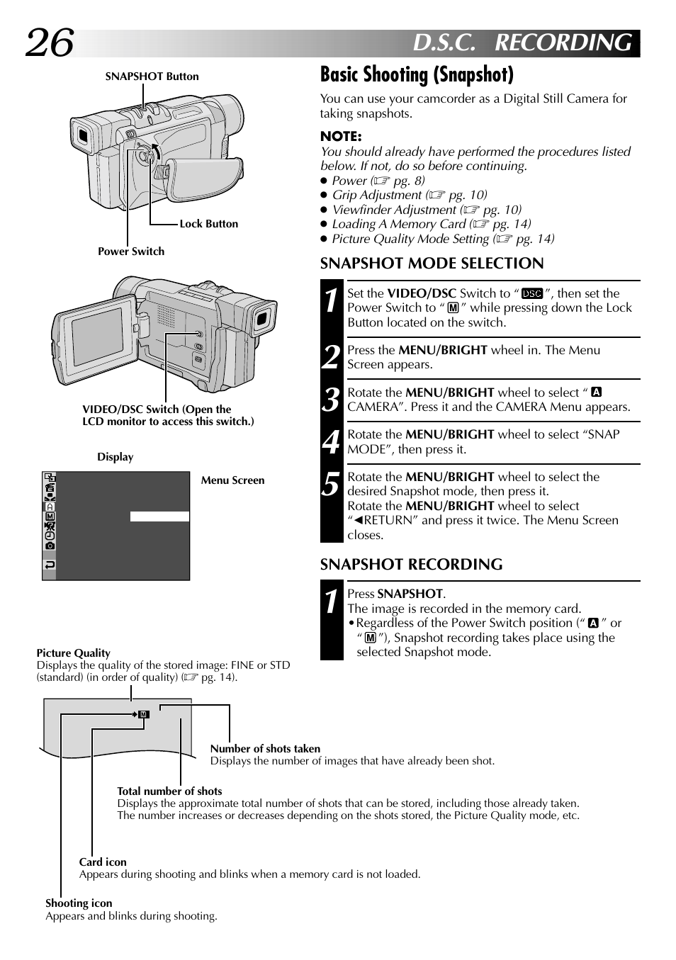 D.s.c. recording, Basic shooting (snapshot) | JVC GR-DVL915 User Manual | Page 26 / 92