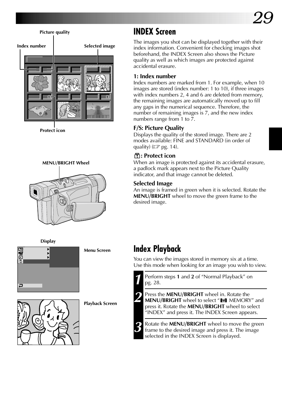 Index screen, Index playback | JVC GR-DVL915 User Manual | Page 29 / 92