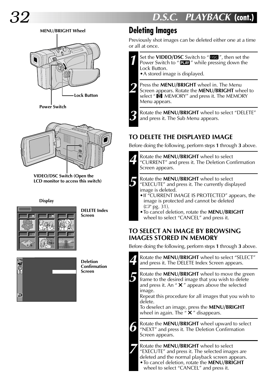 D.s.c. playback, Cont.), Deleting images | JVC GR-DVL915 User Manual | Page 32 / 92