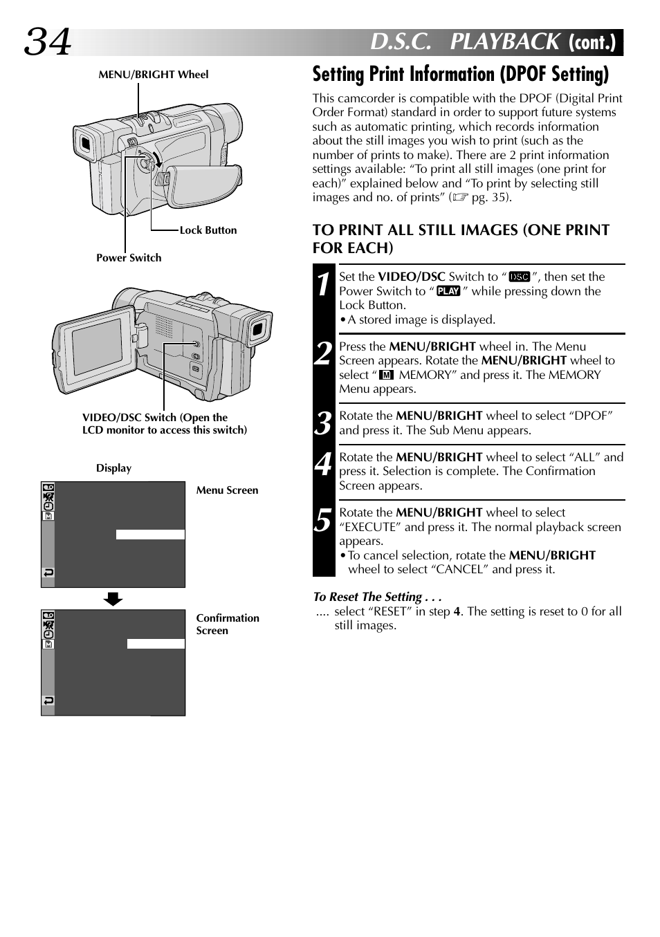 D.s.c. playback, Setting print information (dpof setting), Cont.) | JVC GR-DVL915 User Manual | Page 34 / 92