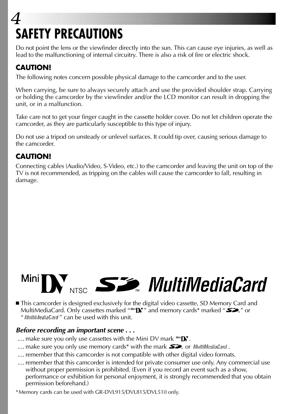 Safety precautions | JVC GR-DVL915 User Manual | Page 4 / 92