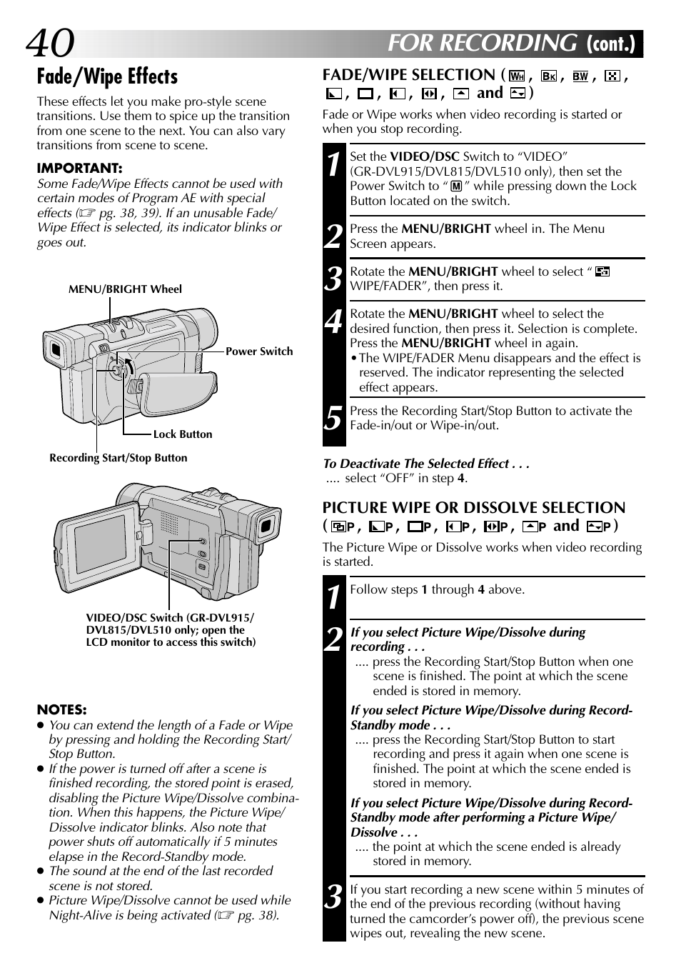 For recording, Cont.) fade/wipe effects | JVC GR-DVL915 User Manual | Page 40 / 92