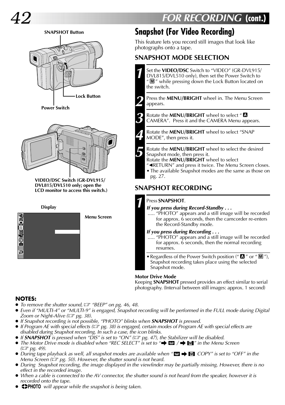 For recording, Cont.) snapshot (for video recording) | JVC GR-DVL915 User Manual | Page 42 / 92