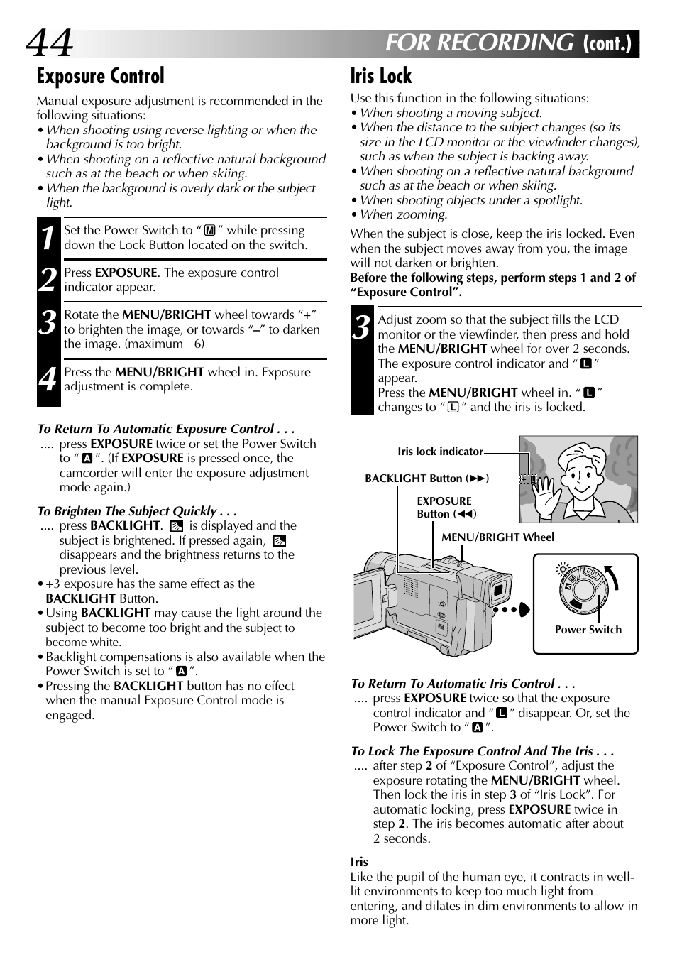 For recording, Exposure control, Iris lock | Cont.) | JVC GR-DVL915 User Manual | Page 44 / 92