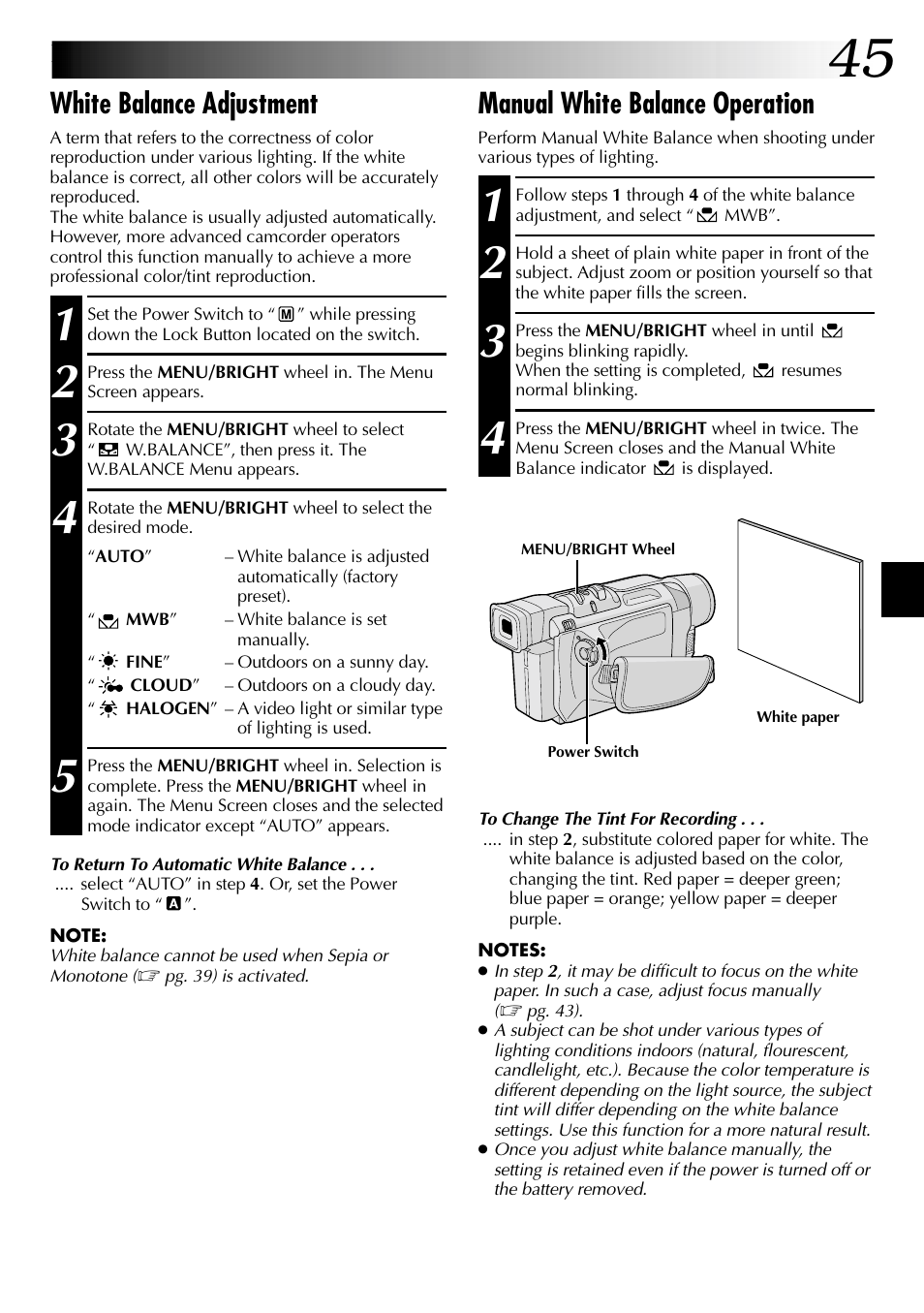 White balance adjustment, Manual white balance operation | JVC GR-DVL915 User Manual | Page 45 / 92