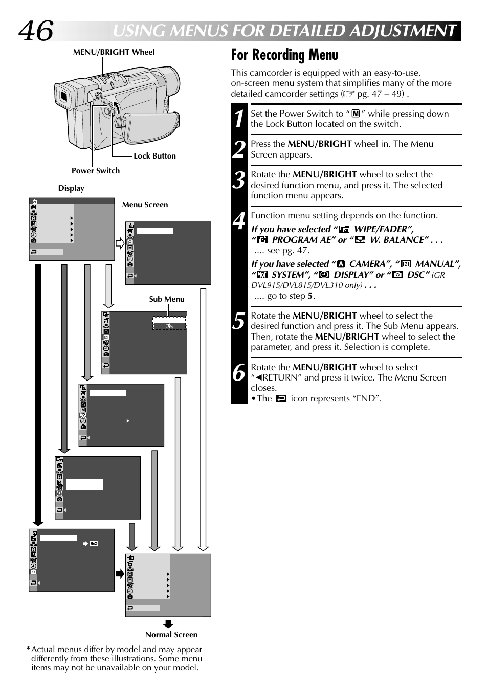 Using menus for detailed adjustment, For recording menu, Pg. 47 – 49) | Go to step 5 | JVC GR-DVL915 User Manual | Page 46 / 92