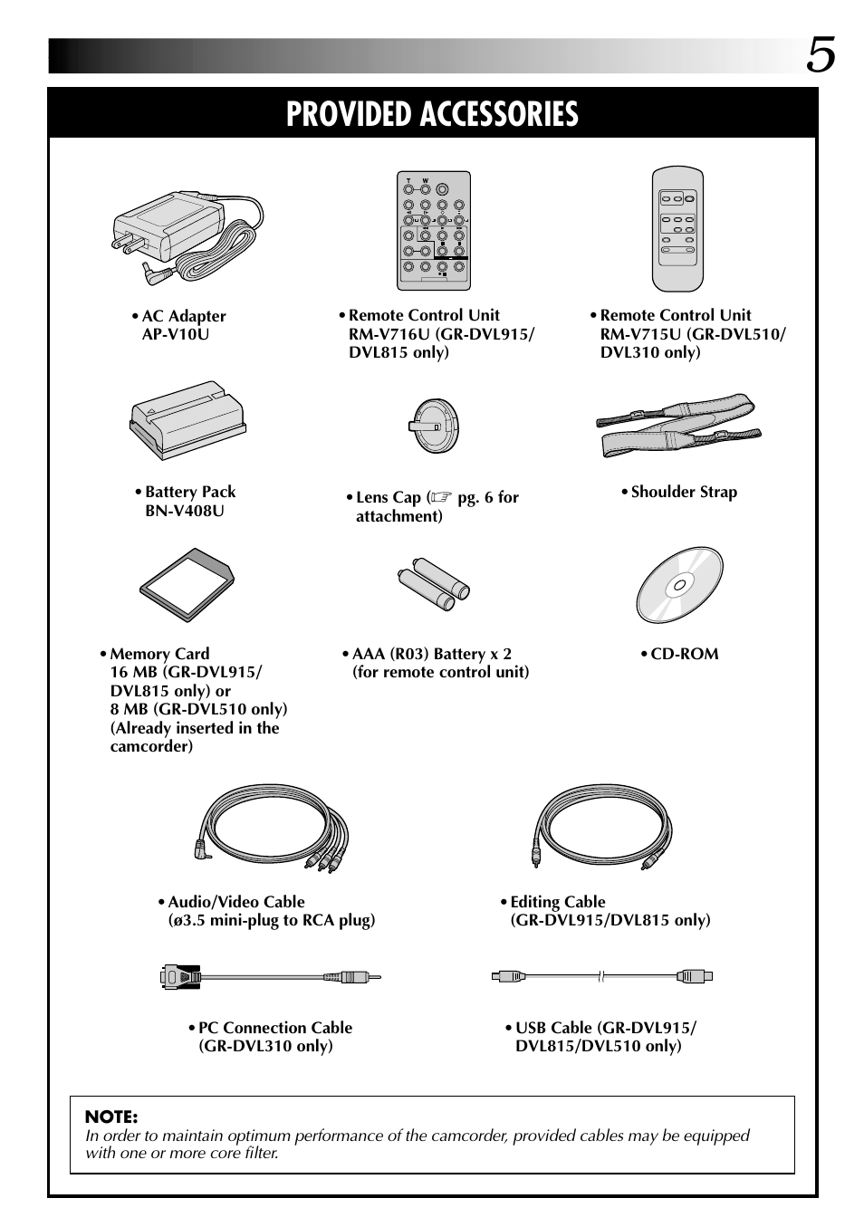 Provided accessories | JVC GR-DVL915 User Manual | Page 5 / 92