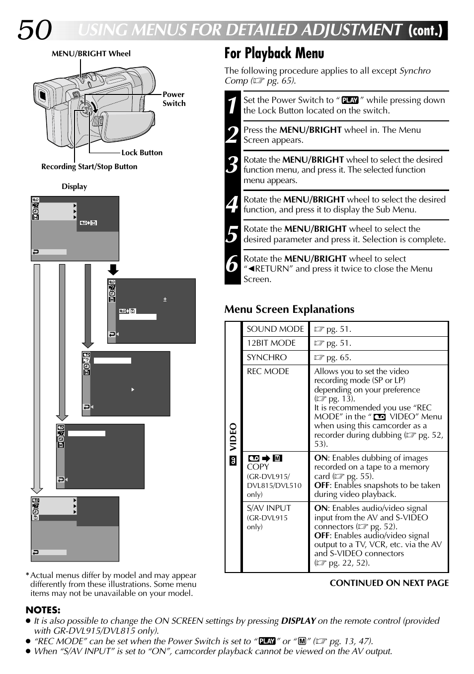 Using menus for detailed adjustment, For playback menu, Cont.) | Menu screen explanations | JVC GR-DVL915 User Manual | Page 50 / 92