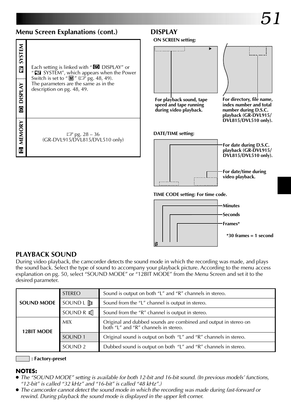 Playback sound, Menu screen explanations (cont.), Display | JVC GR-DVL915 User Manual | Page 51 / 92