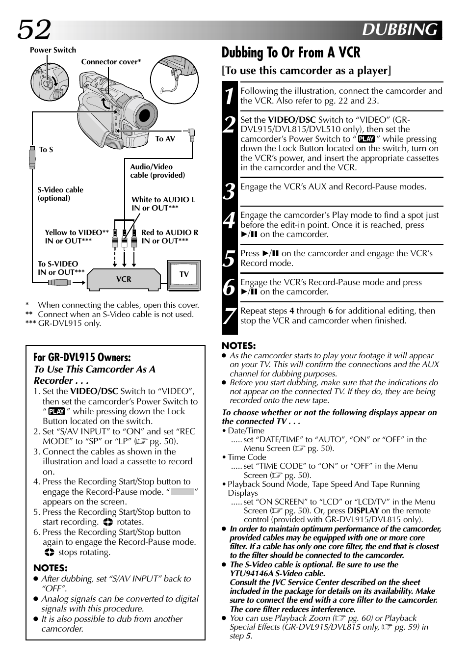 Dubbing, Dubbing to or from a vcr | JVC GR-DVL915 User Manual | Page 52 / 92