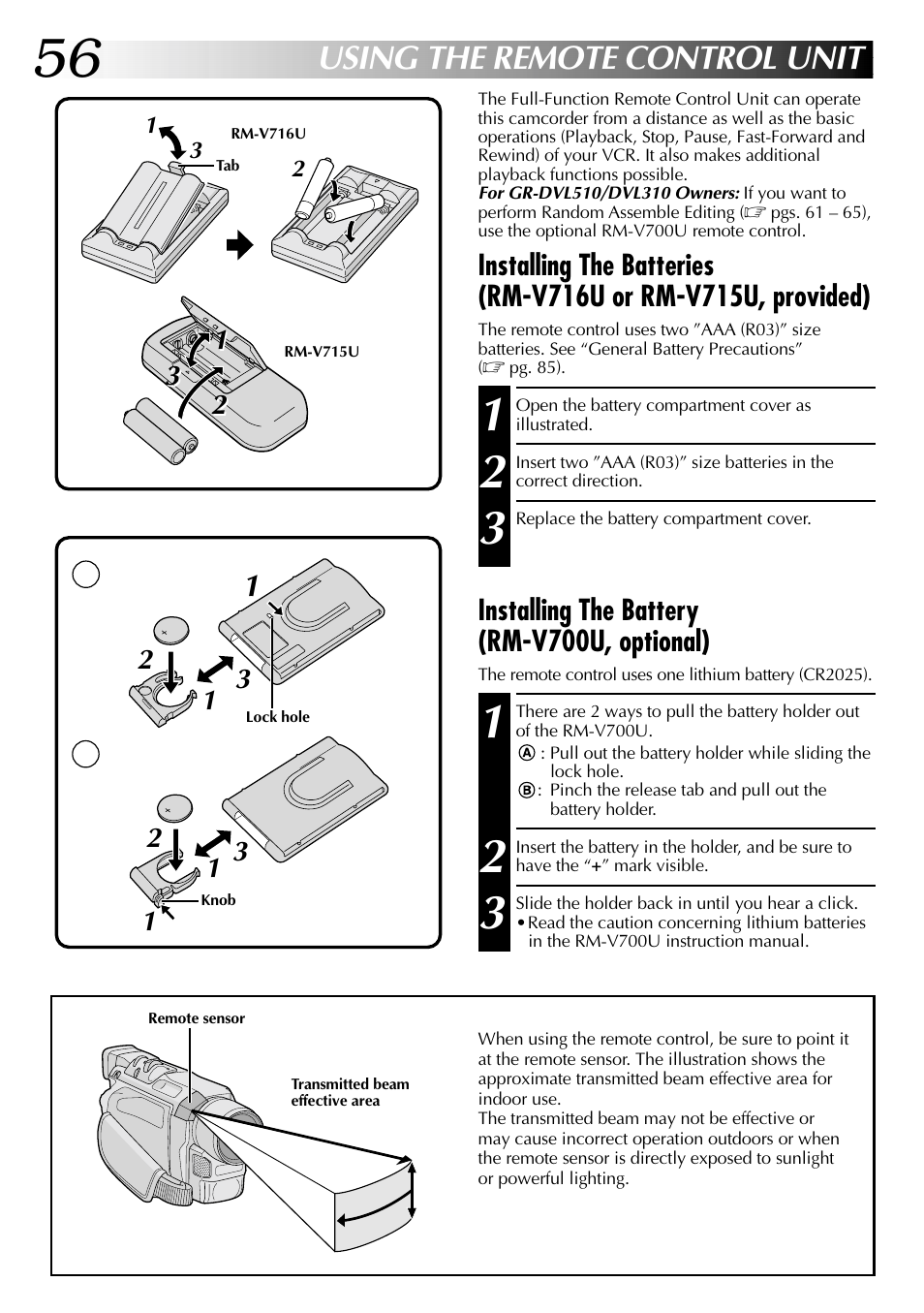 Using the remote control unit, Installing the battery (rm-v700u, optional) | JVC GR-DVL915 User Manual | Page 56 / 92