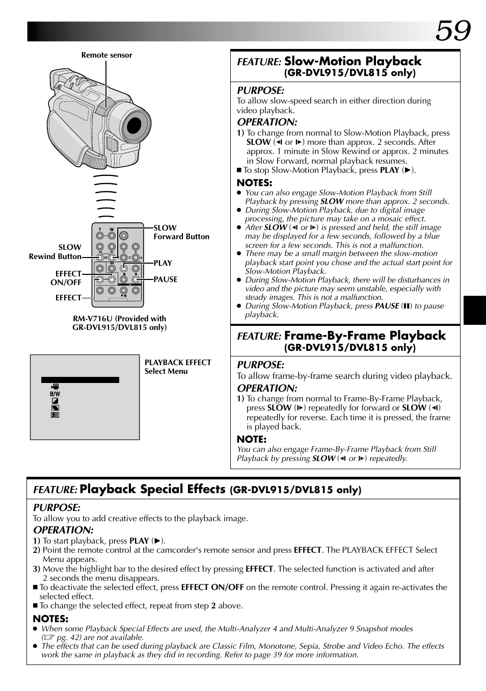 Slow-motion playback, Frame-by-frame playback, Playback special effects | Feature, Purpose, Operation | JVC GR-DVL915 User Manual | Page 59 / 92