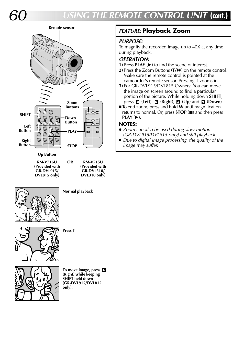 Using the remote control unit, Cont.), Playback zoom | JVC GR-DVL915 User Manual | Page 60 / 92